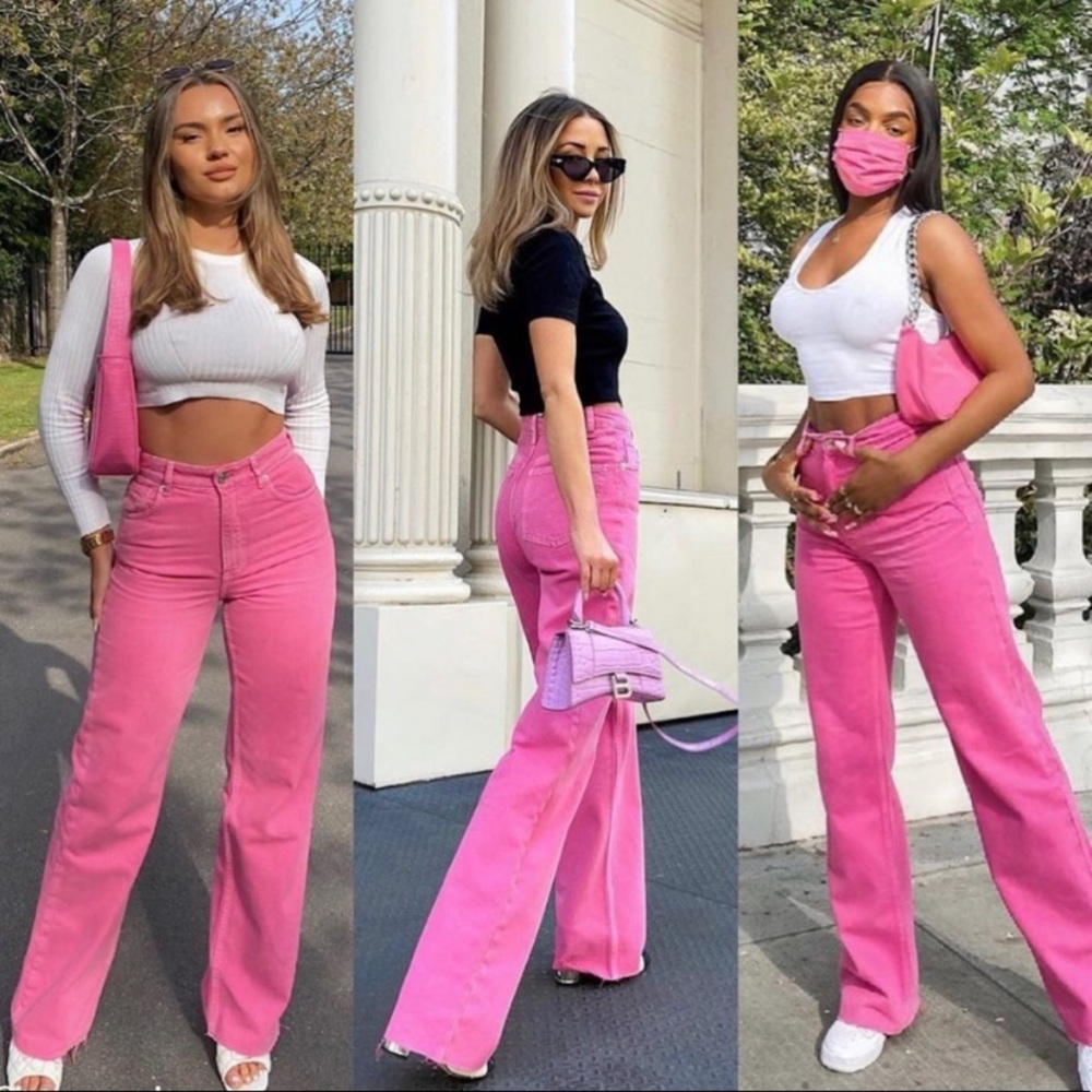 ZARA WIDE LEG SOLID PINK COLOR FULL LENGTH JEANS